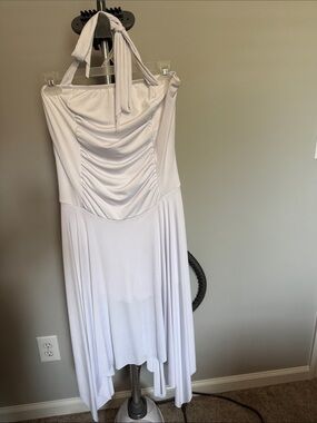 White Halter High-Low Dress with Ruched Bodice